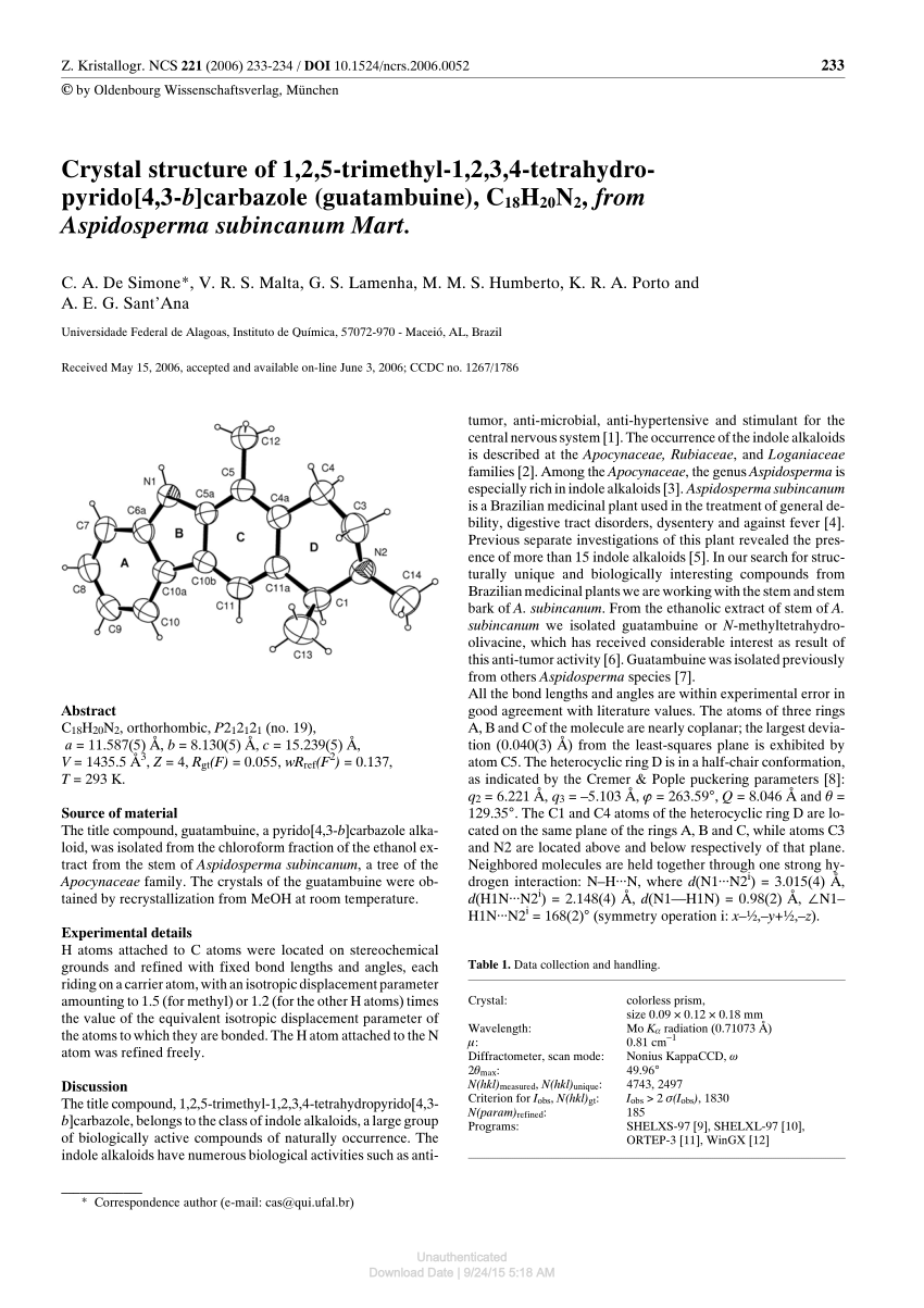 Pdf Crystal Structure Of 1 2 5 Trimethyl 1 2 3 4 Tetrahydropyrido 4 3 B Carbazole Guatambuine C18h20n2 From Aspidosperma Subincanum Mart