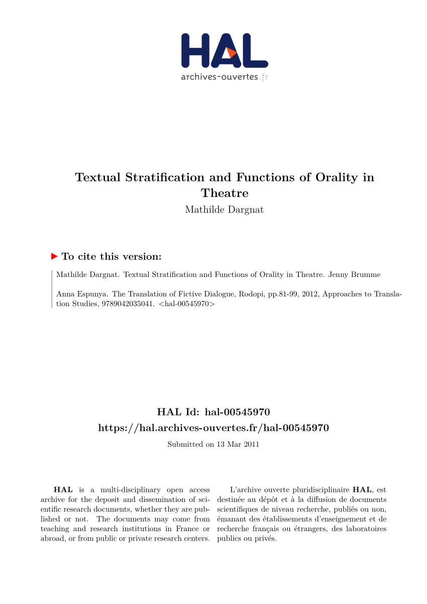 Pdf Textual Stratification And Functions Of Orality In Theatre