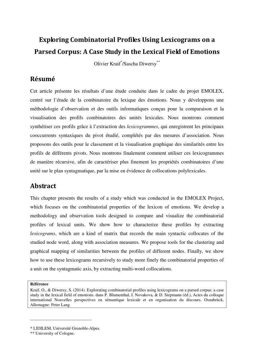 Pdf Explorating Combinatorial Profiles Using Lexicograms On A Parsed Corpus A Case Study In The Lexical Field Of Emotions