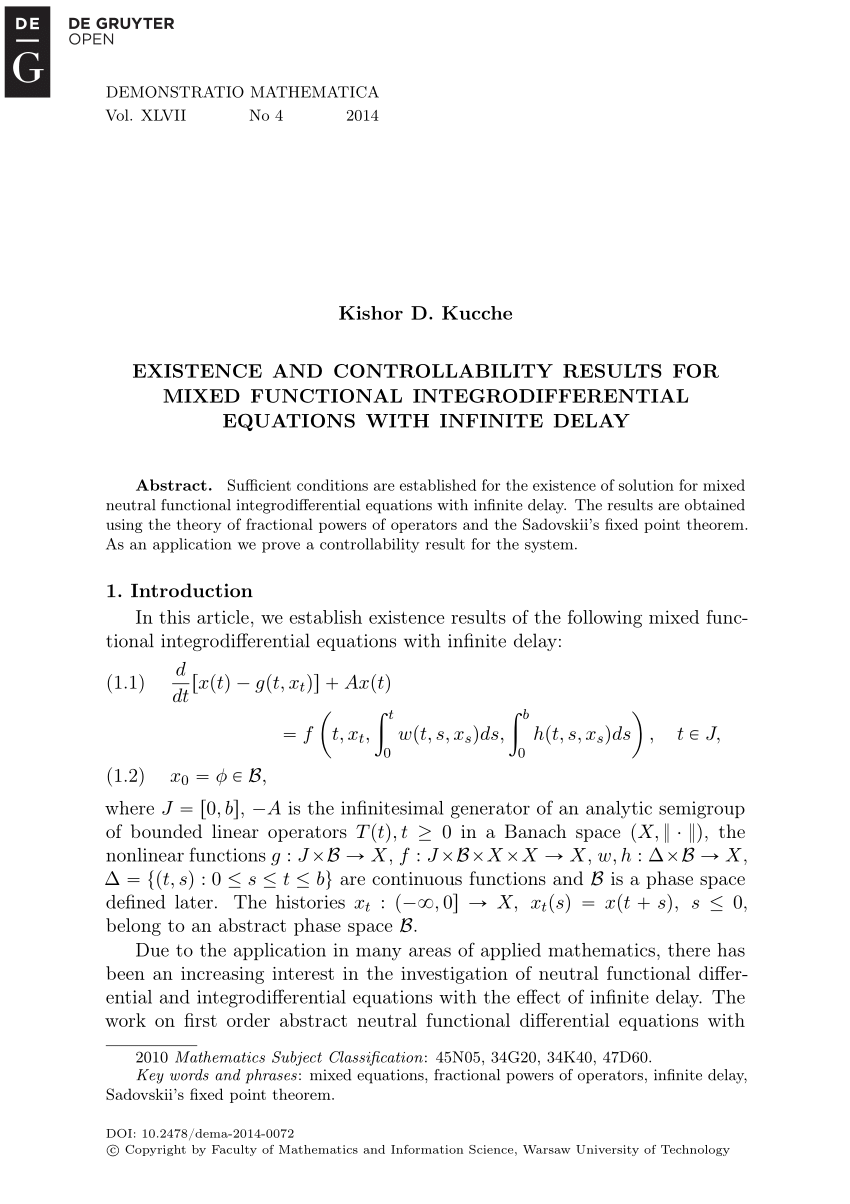 Pdf Existence And Controllability Results For Mixed Functional Integrodifferential Equations With Infinite Delay