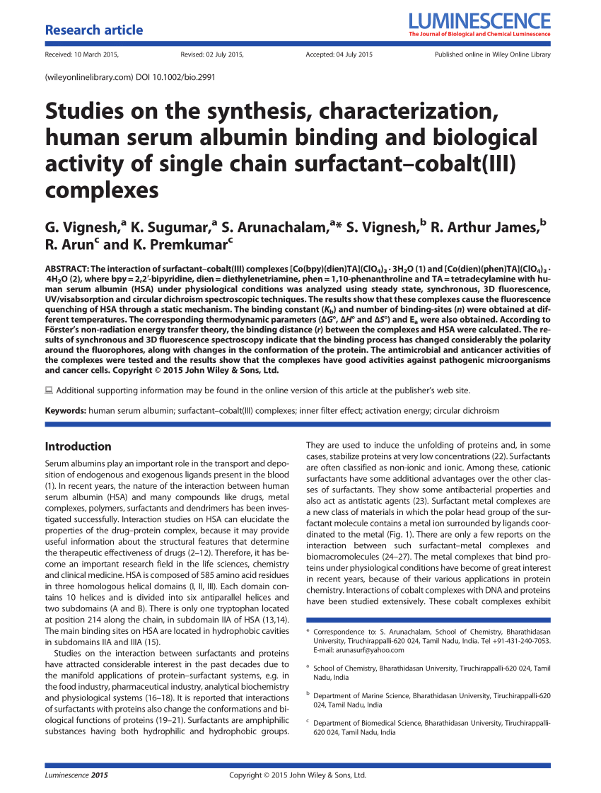 Pdf Studies On The Synthesis Characterization Human Serum Albumin Binding And Biological Activity Of Single Chain Surfactant Cobalt Iii Complexes