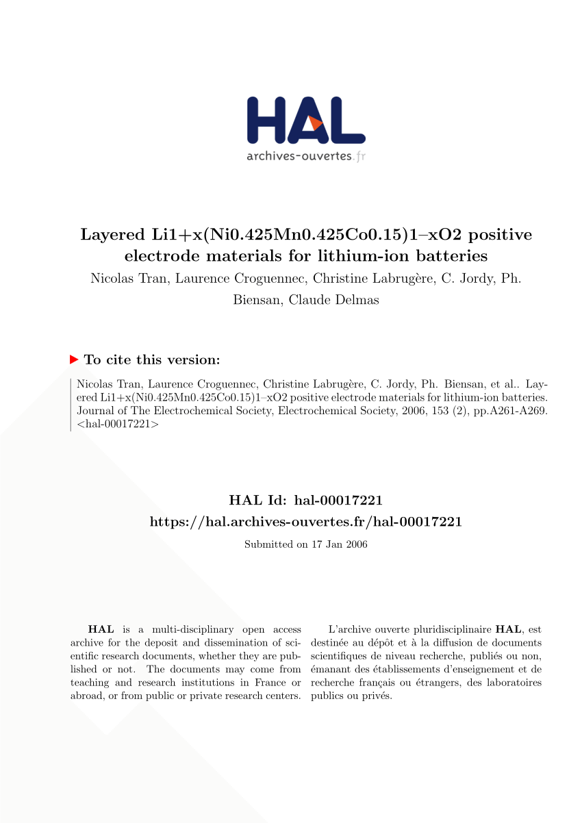 PDF Layered Li1 x Ni0.425Mn0.425Co0.15 1 xO2 positive electrode