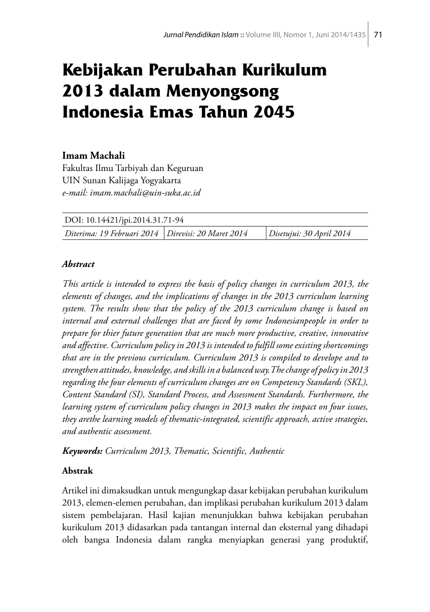 PDF Kebijakan Perubahan Kurikulum 2013 Dalam Menyongsong Indonesia