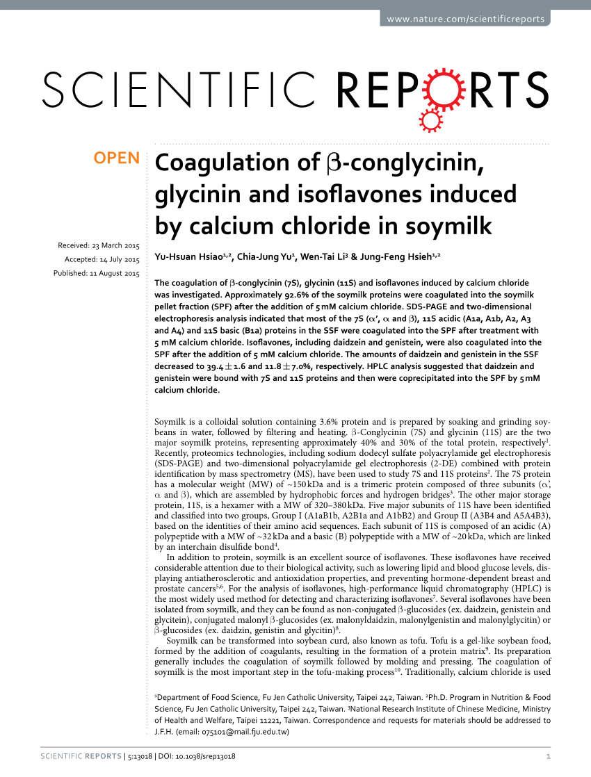 Pdf Coagulation Of B Conglycinin Glycinin And Isoflavones Induced By Calcium Chloride In Soymilk