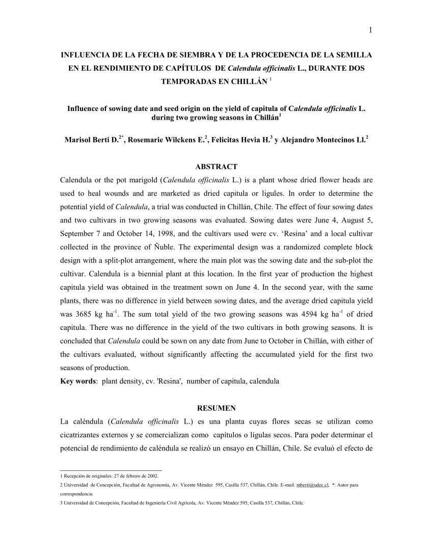 PDF) Influencia de la fecha de siembra y de la procedencia de la semilla en  el rendimiento de capítulos de Calendula officinalis L., durante dos  temporadas en Chillán.