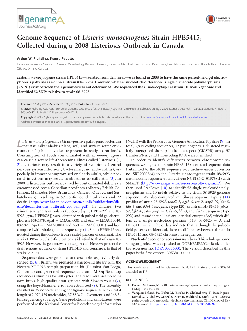 (PDF) Genome Sequence of Listeria monocytogenes Strain HPB5415