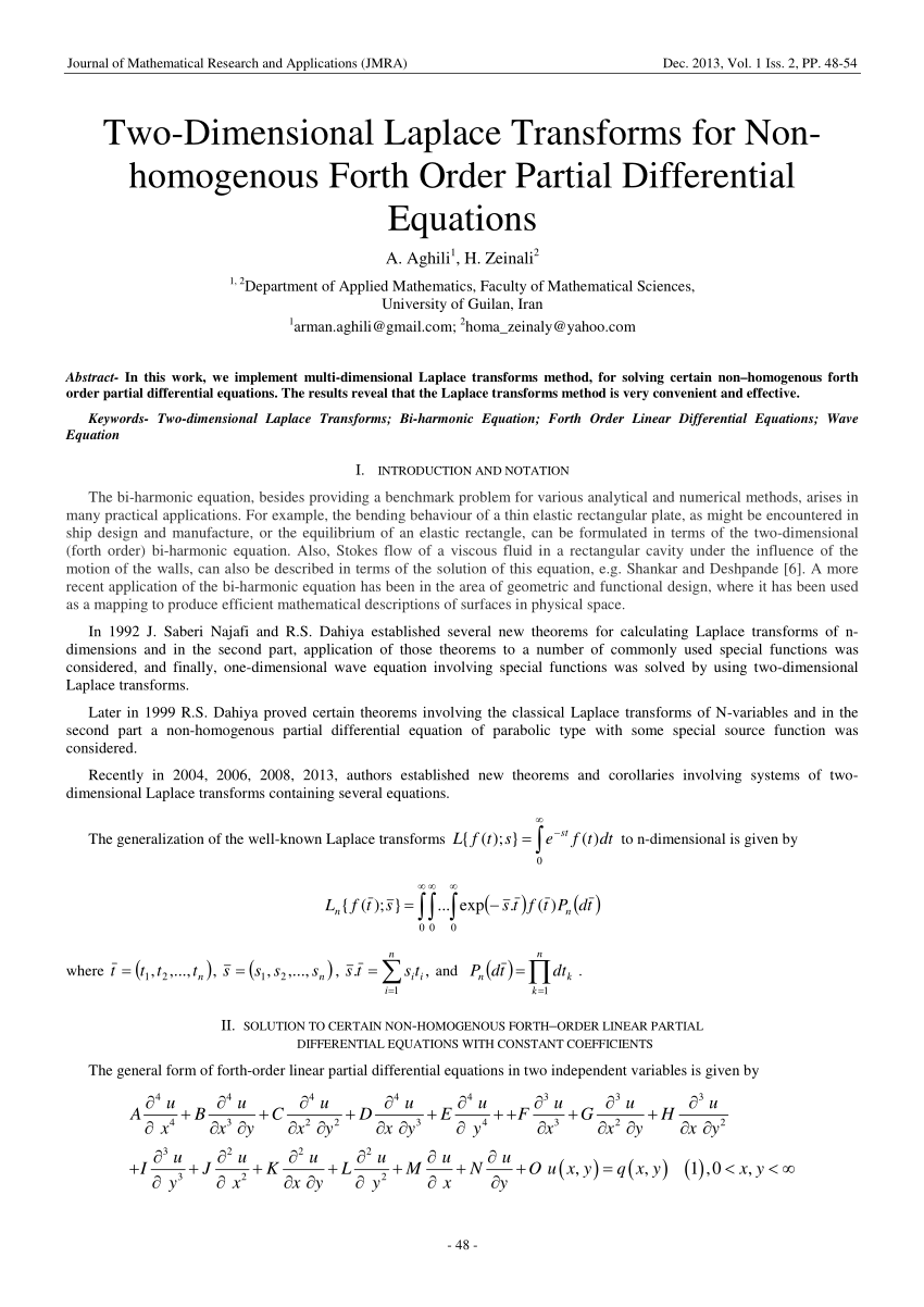 Pdf Two Dimensional Laplace Transforms For Non Homogenous Forth Order Partial Differential Equations