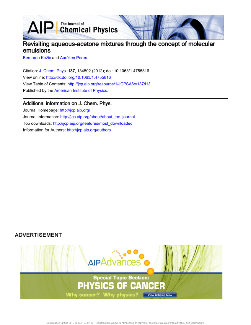 (PDF) Modeling nonionic aqueous solutions the acetonewater mixture