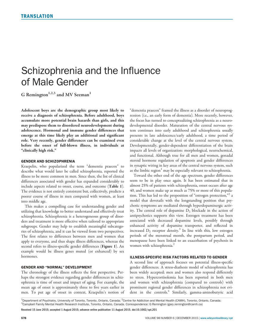 Pdf Schizophrenia And The Influence Of Male Gender