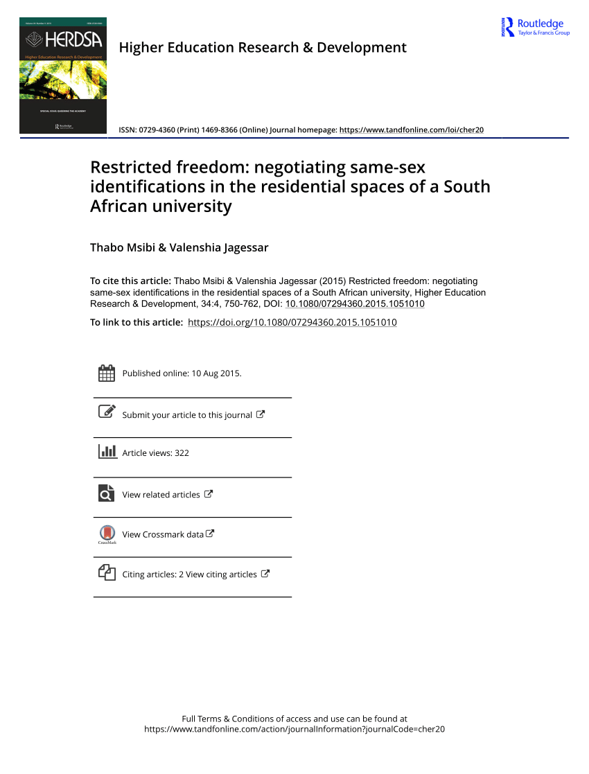 PDF) Restricted freedom: negotiating same-sex identifications in the  residential spaces of a South African university