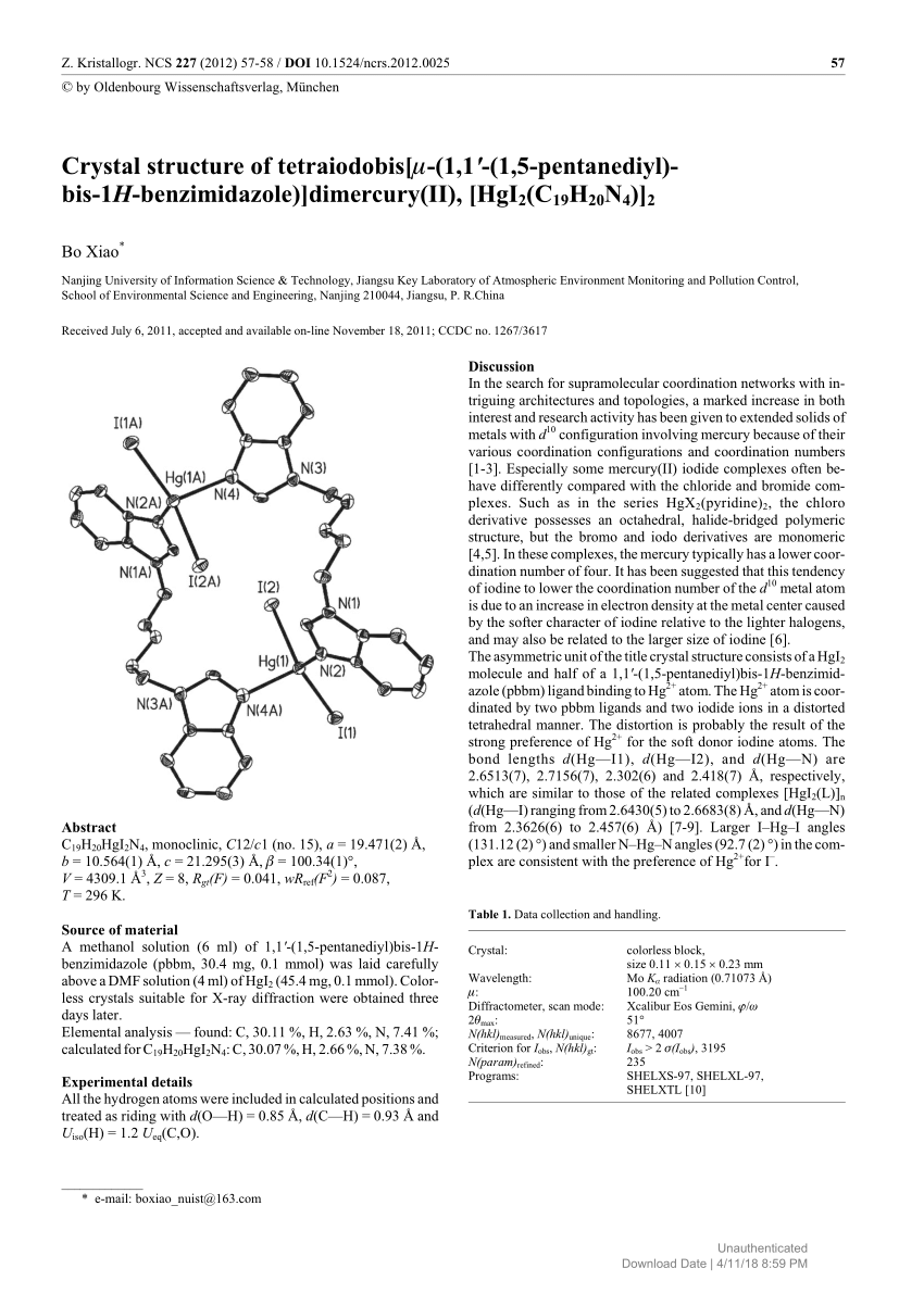 Pdf Crystal Structure Of Tetraiodobis M 1 1 1 5 Pentanediyl Bis 1h Benzimidazole Dimercury Ii Hgi2 C19hn4 2