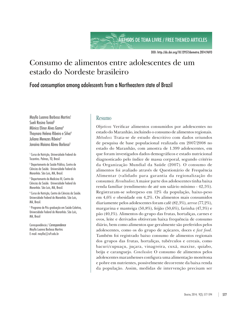 PDF CONSUMO DE ALIMENTOS ENTRE ADOLESCENTES DE UM ESTADO DO  