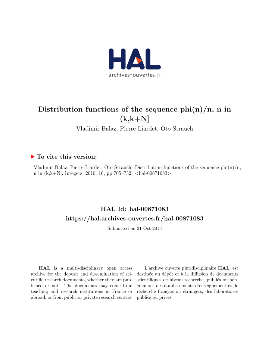 Pdf Distribution Functions Of The Sequence Phi N N N In K K N