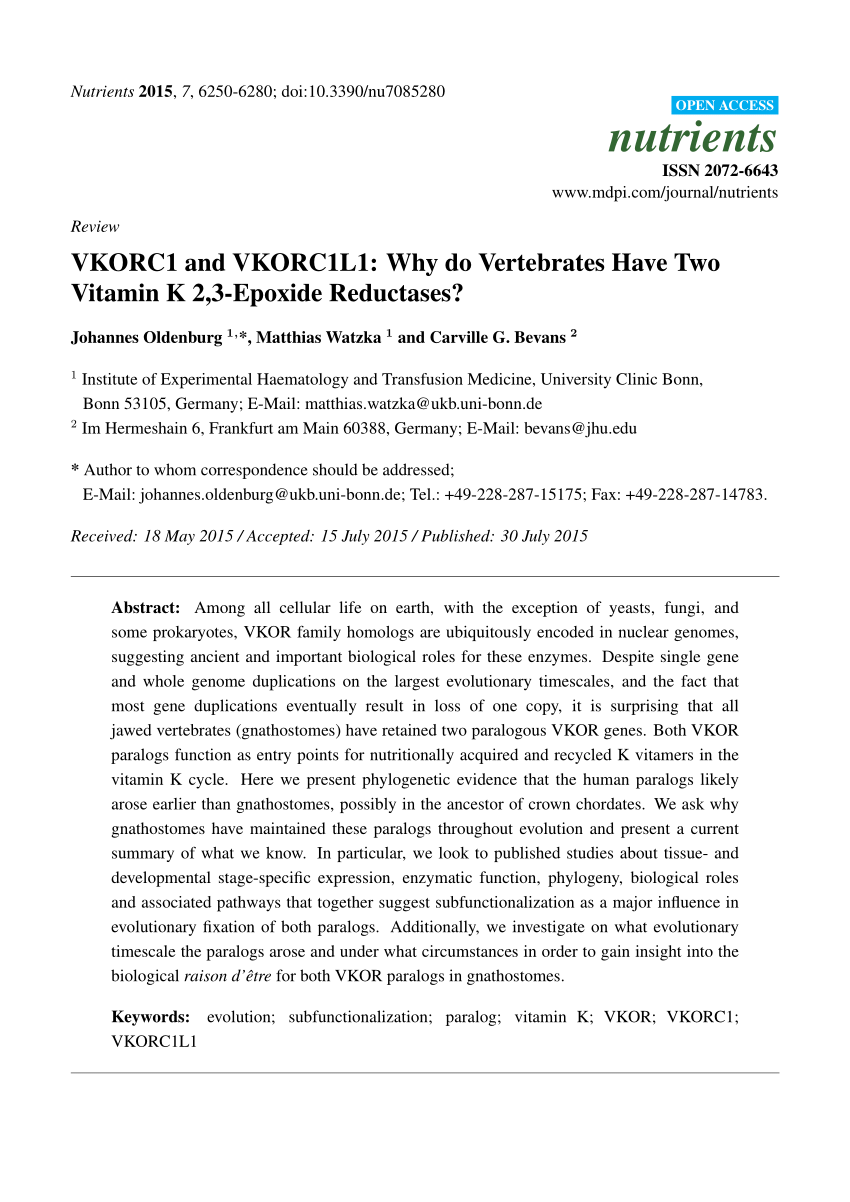 (PDF) VKORC1 and VKORC1L1: Why do vertebrates have two vitamin K 2,3