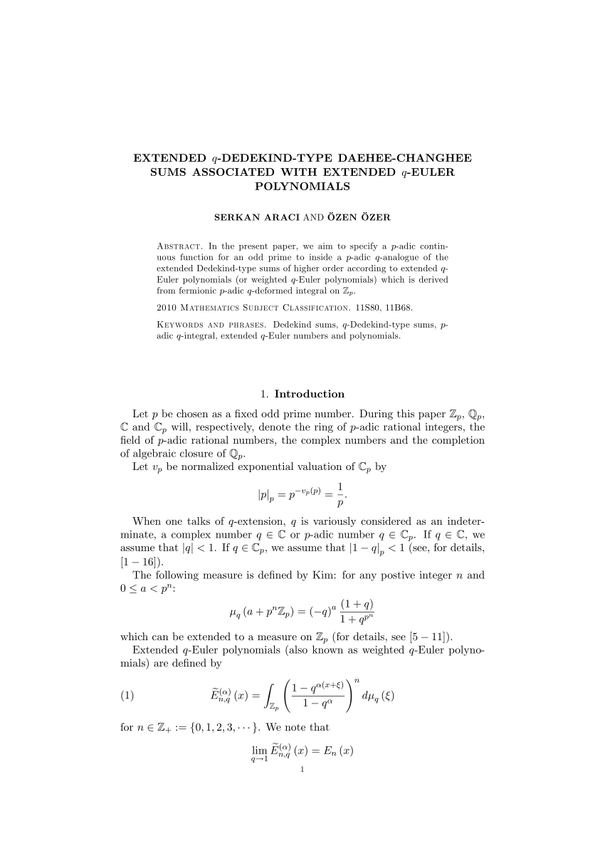 Pdf Extended Q Dedekind Type Daehee Changhee Sums Associated With Extended Q Euler Polynomials