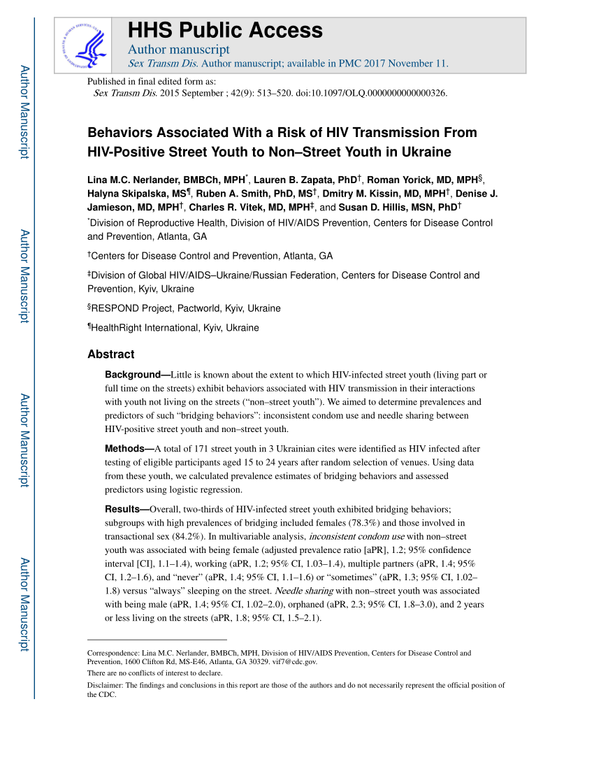 PDF) Behaviors Associated With a Risk of HIV Transmission From HIV-Positive  Street Youth to Non–Street Youth in Ukraine