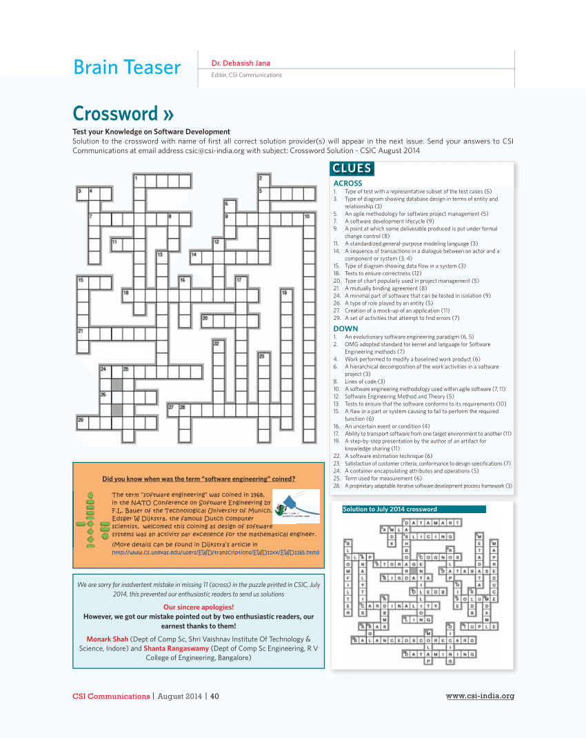 (PDF) Crossword on Software Development (CSIC Aug 2014)