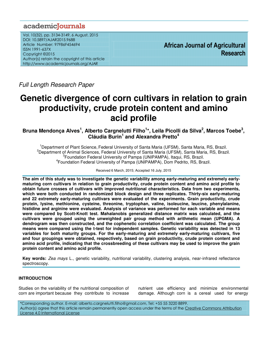 Pdf Genetic Divergence Of Corn Cultivars In Relation To Grain Productivity Crude Protein Content And Amino Acid Profile