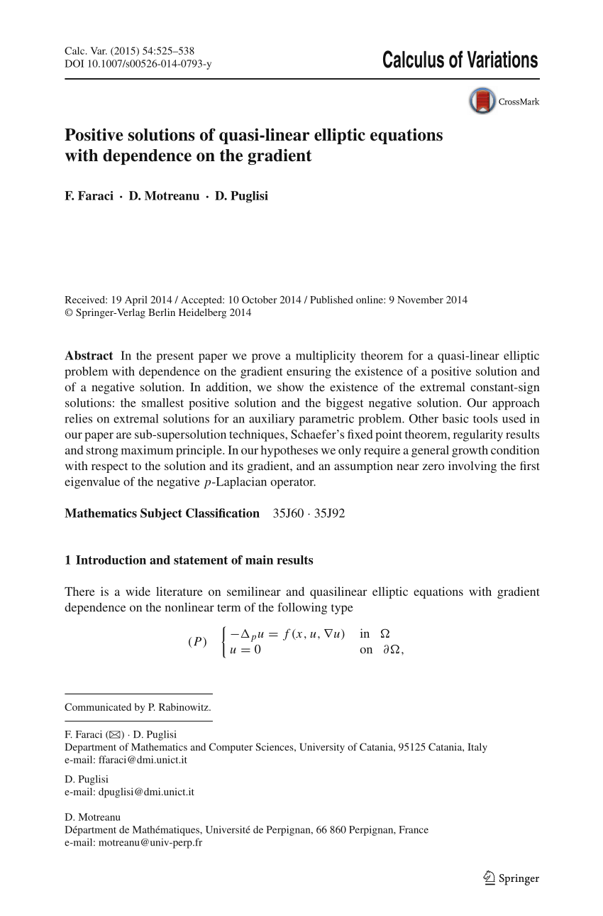 PDF) Positive solutions of quasi-linear elliptic equations with ...