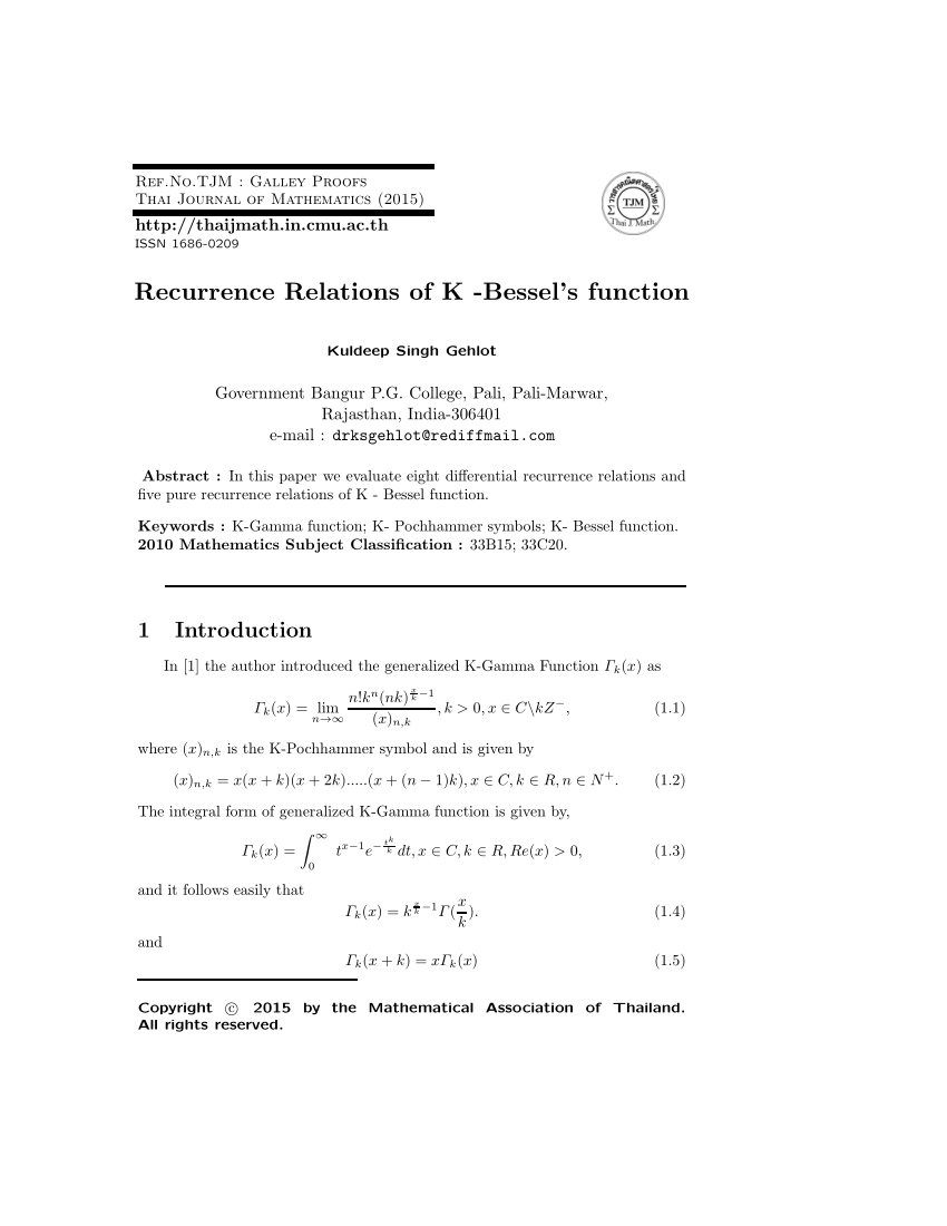 Pdf Recurrence Relations Of K Bessel S Function
