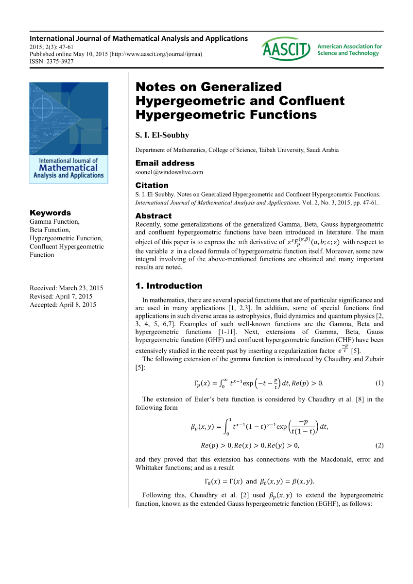 Pdf Notes On Generalized Hypergeometric And Confluent Hypergeometric Functions