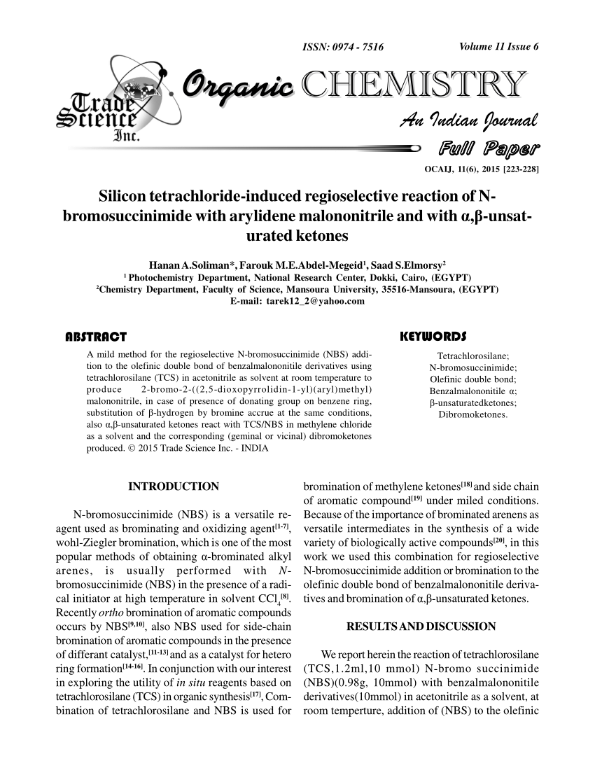 Pdf Silicon Tetrachloride Induced Regioselective Reaction Of N Bromosuccinimide With Arylidene Malononitrile And With A A Unsat Urated Ketones