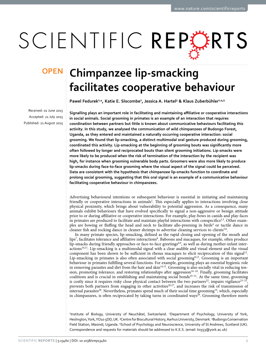 (PDF) Chimpanzee lip-smacking facilitates cooperative behaviour