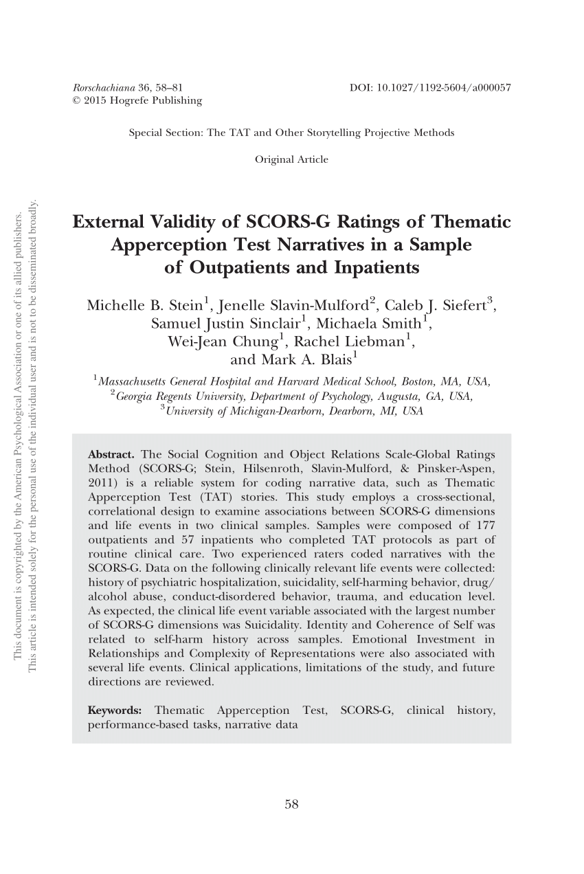 Pdf External Validity Of Scors G Ratings Of Thematic Apperception Test Narratives In A Sample Of Outpatients And Inpatients