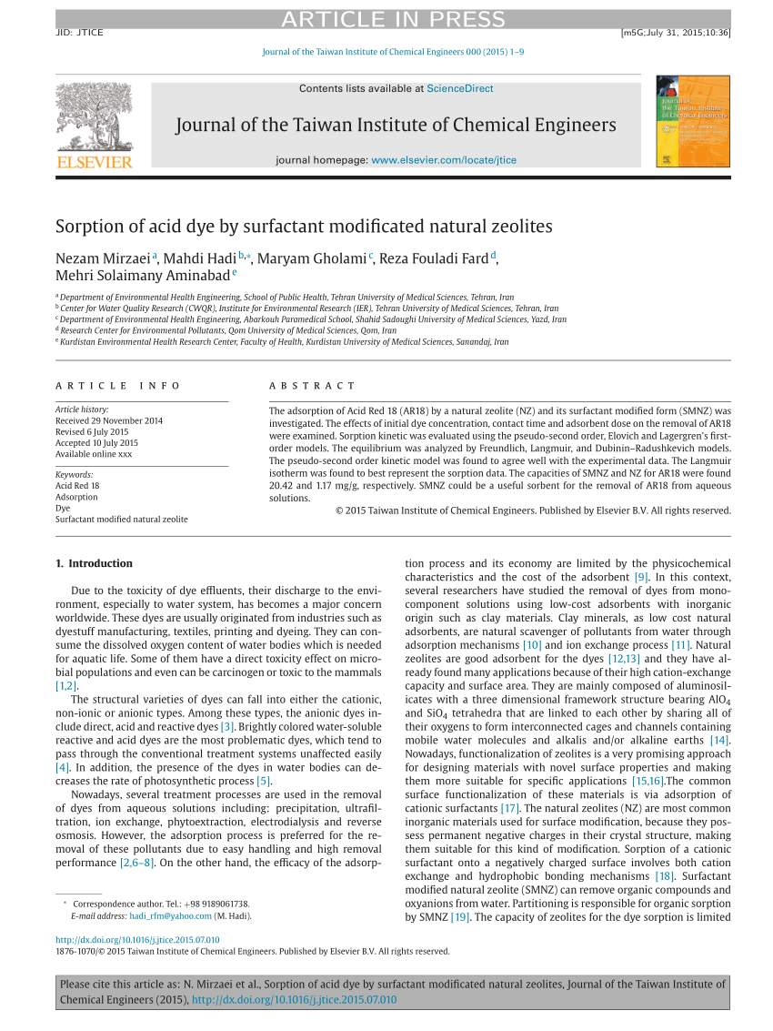 Pdf Sorption Of Acid Dye By Surfactant Modificated Natural Zeolites 6439