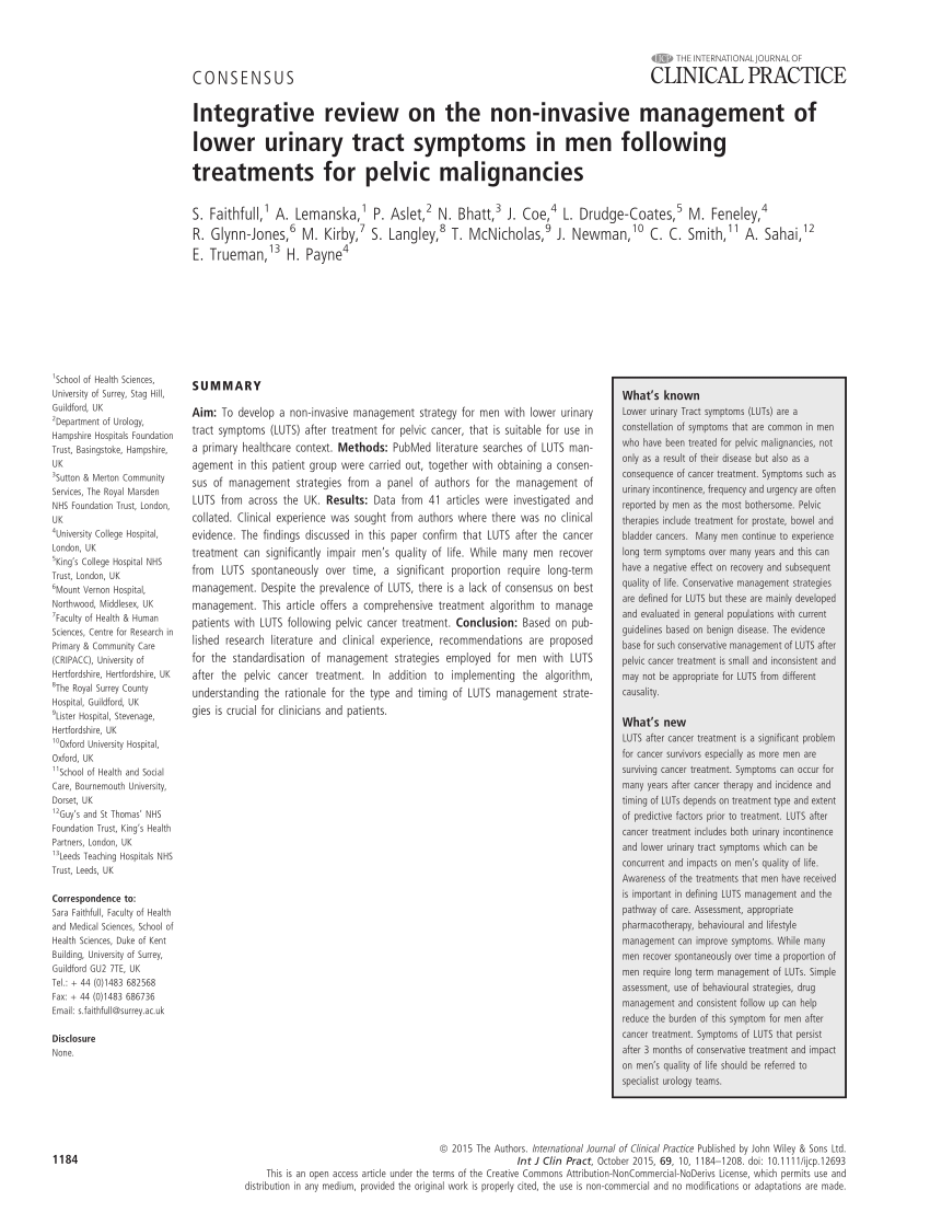 Pdf Integrative Review On The Non Invasive Management Of Lower Urinary Tract Symptoms In Men Following Treatments For Pelvic Malignancies