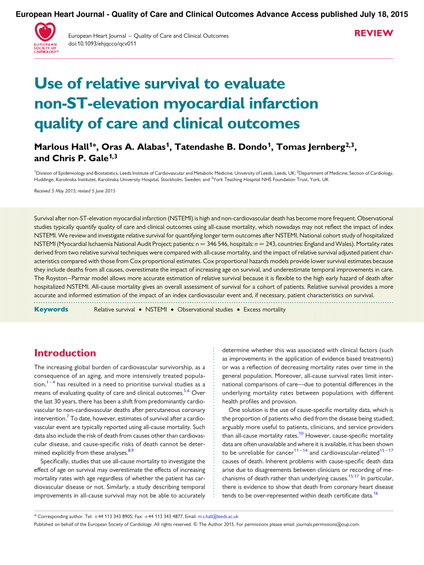 Pdf Use Of Relative Survival To Evaluate Non St Elevation Myocardial Infarction Quality Of Care And Clinical Outcomes