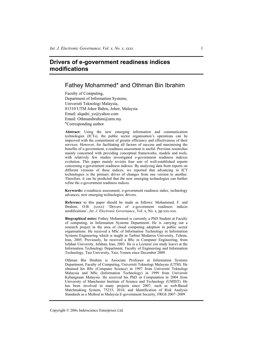 Pdf Drivers Of E Government Readiness Indices Modifications