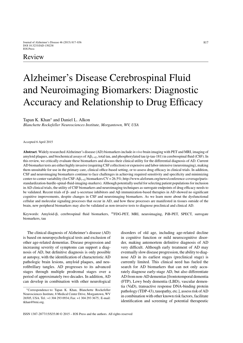 PDF) Alzheimer's Disease Cerebrospinal Fluid and Neuroimaging 