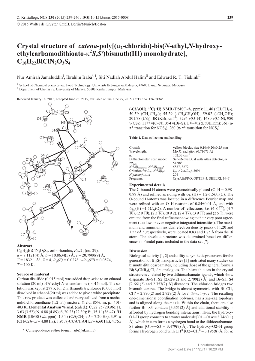 Pdf Crystal Structure Of Catena Poly µ2 Chlorido Bis N Ethyl N Hydroxyethylcarbamodithioato K2s S Bis Muth Iii Monohydrate C10h22bicln2o3s4