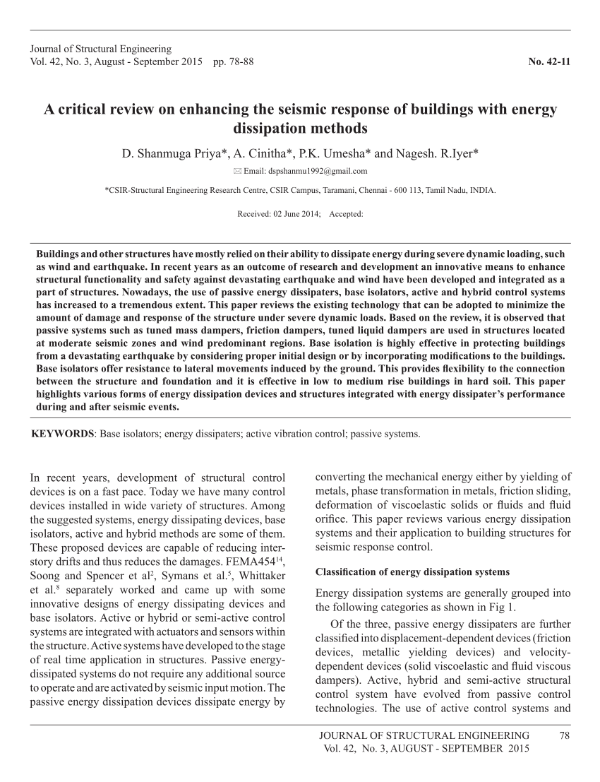 Pdf A Critical Review On Enhancing The Seismic Response Of Buildings With Energy Dissipation Methods