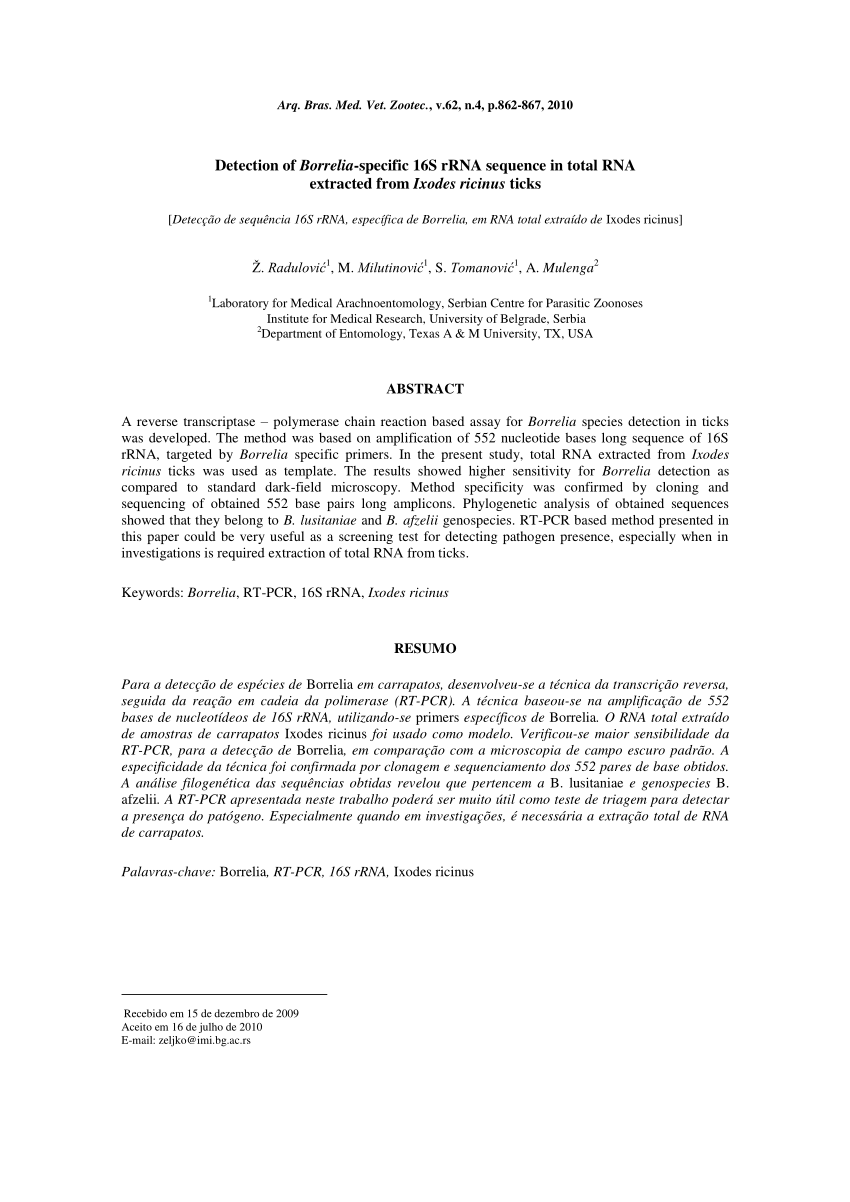 Pdf Detection Of Borrelia Specific 16s Rrna Sequence In Total Rna Extracted From Ixodes Ricinus Ticks