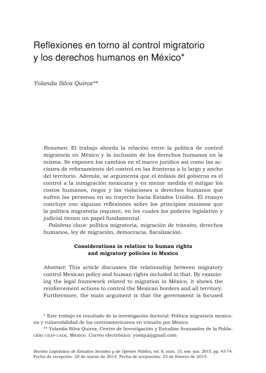 PDF) Reflexiones en torno al control migratorio y los derechos humanos en  México
