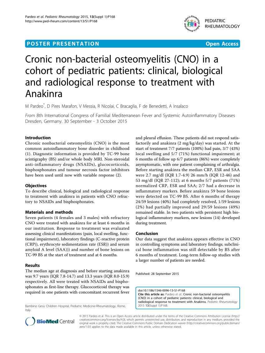 Pdf Fri0323 Cronic Non Bacterial Osteomyelitis Cno In A Cohort Of Pediatric Patients Clinical Biological And Radiological Response To Treatment With Anakinra