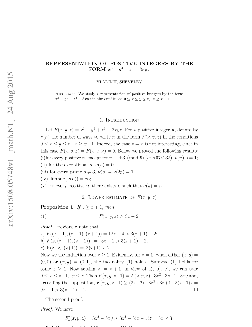 Pdf Representation Of Positive Integers By The Form X 3 Y 3 Z 3 3xyz