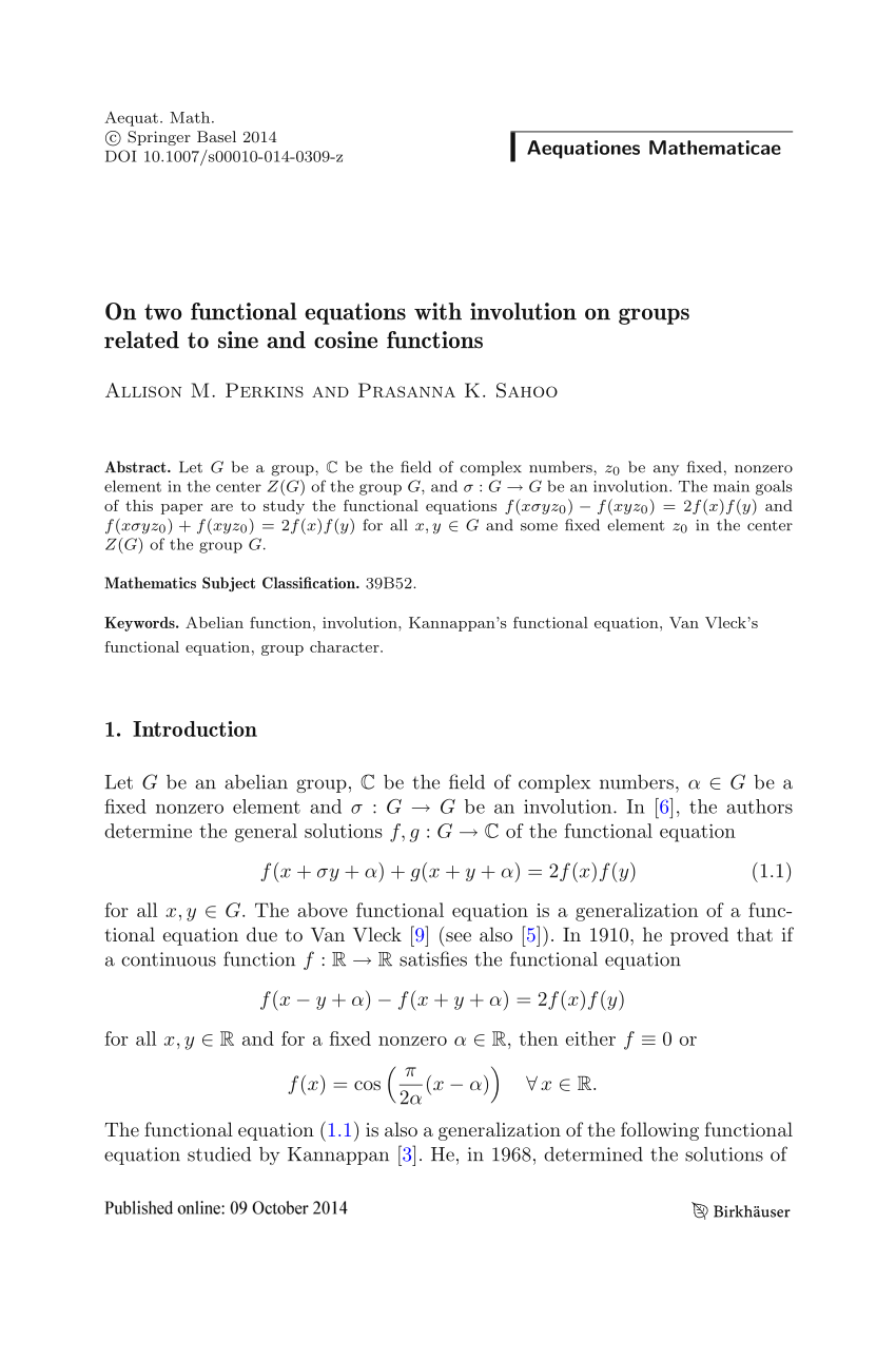 Pdf On Two Functional Equations With Involution On Groups Related To Sine And Cosine Functions