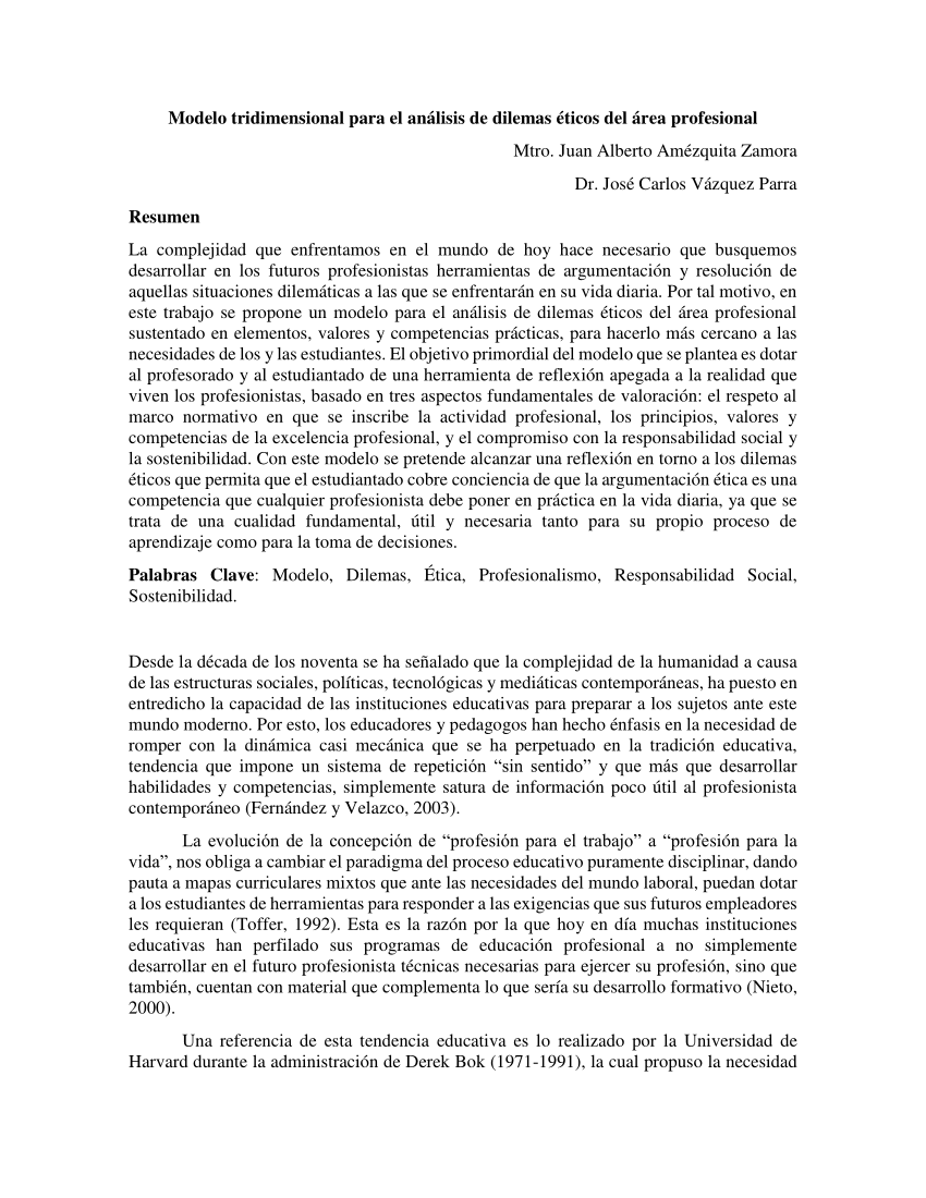 PDF) Modelo tridimensional para el análisis de dilemas éticos del área  profesional