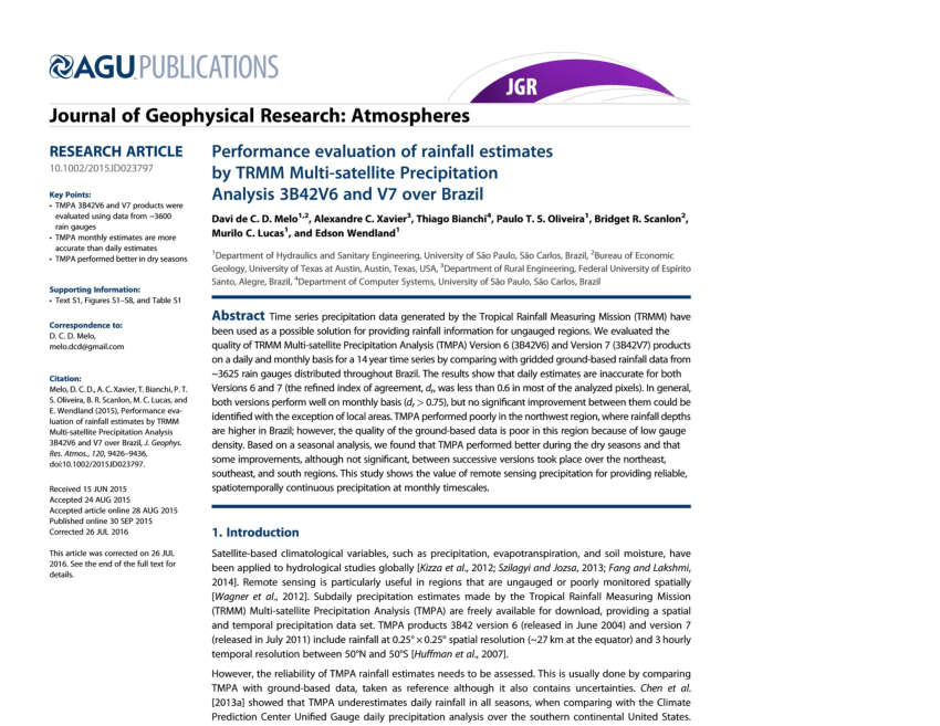 Pdf Performance Evaluation Of Rainfall Estimates By Trmm Multi Satellite Precipitation Analysis 3b42v6 And V7 Over Brazil