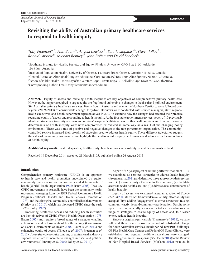 PDF) Revisiting the ability of Australian healthcare services respond to health inequity