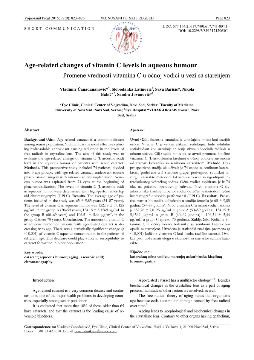 Pdf Age Related Changes Of Vitamin C Levels In Aqueous Humour