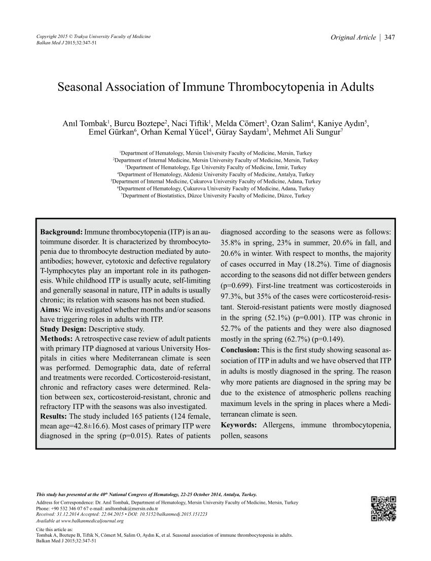 PDF Seasonal Association of Immune Thrombocytopenia in Adults 