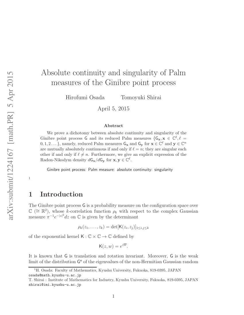 Pdf Absolute Continuity And Singularity Of Palm Measures Of The Ginibre Point Process