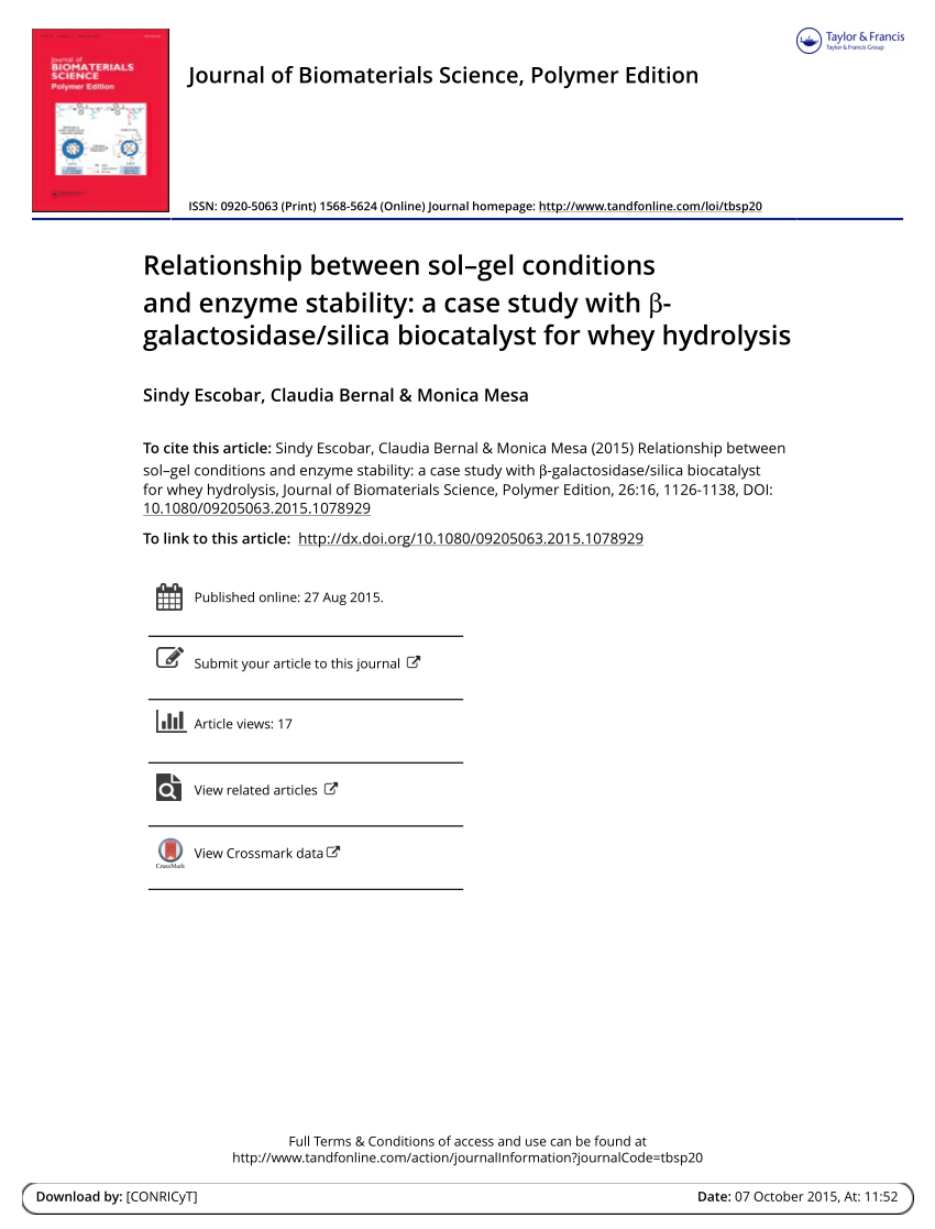 Pdf Relationship Between Sol Gel Conditions And Enzyme Stability A Case Study With B Galactosidase Silica Biocatalyst For Whey Hydrolysis