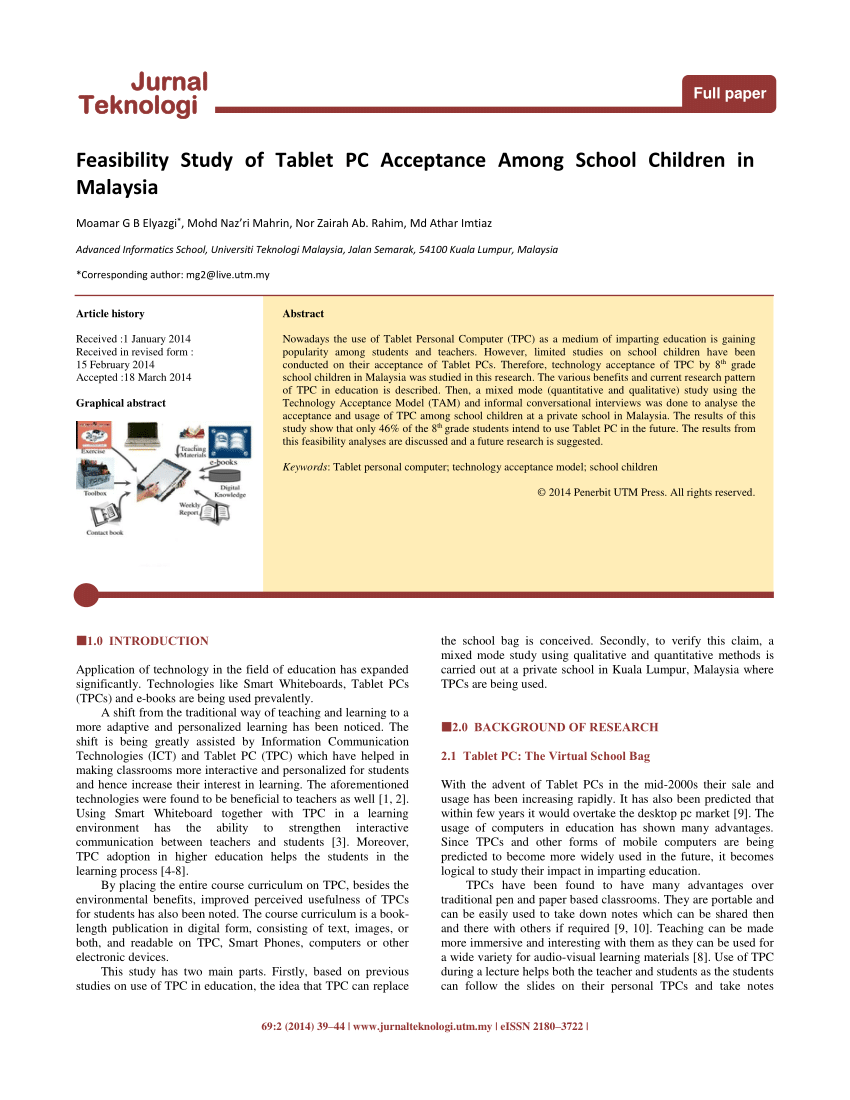 Pdf Feasibility Study Of Tablet Pc Acceptance Among School Children In Malaysia