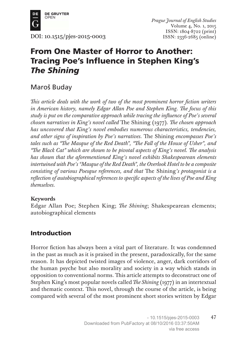 PDF) From One Master of Horror to Another: Tracing Poe's Influence in Stephen  King's The Shining