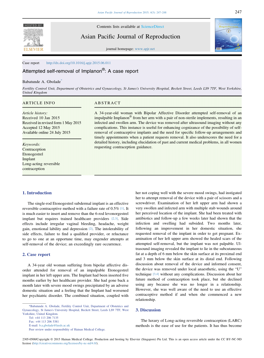 Pdf Attempted Self Removal Of Implanon A Case Report